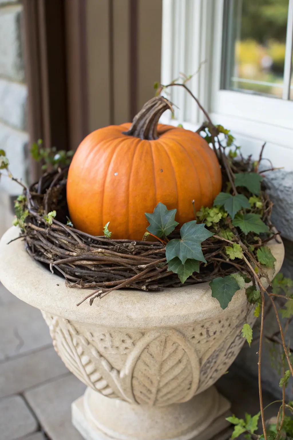 A grapevine ring serves as a pastoral base for squash exhibitions.