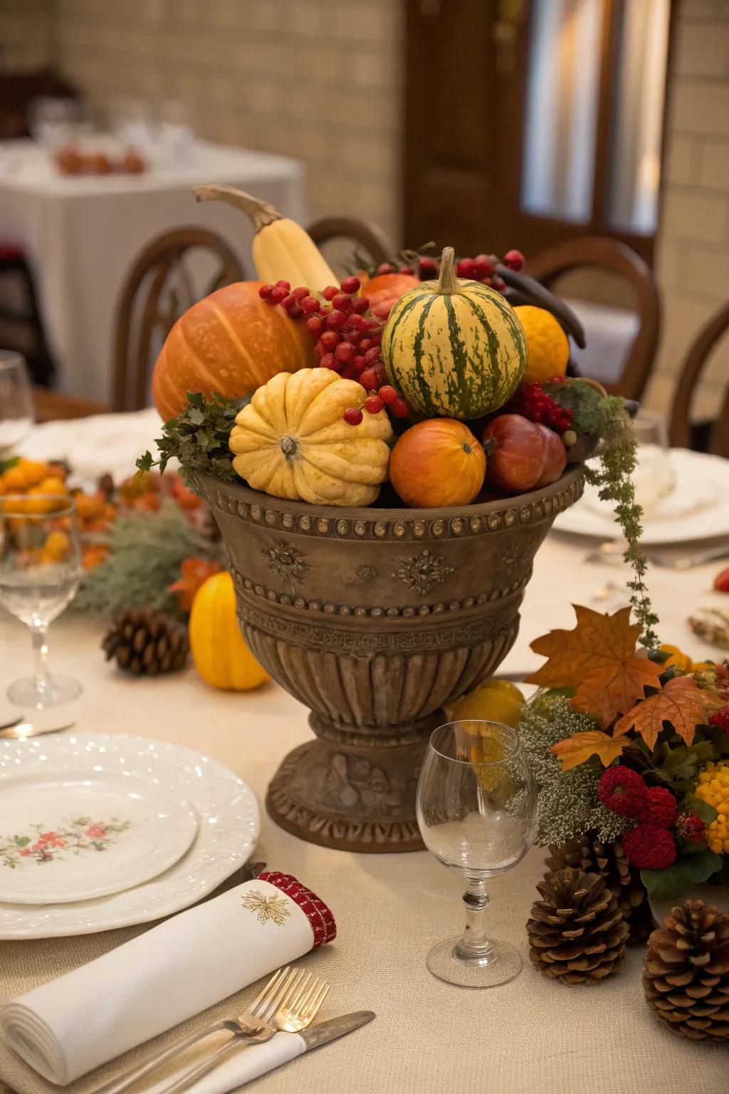 Bountiful bounty's richness in an autumn urn.