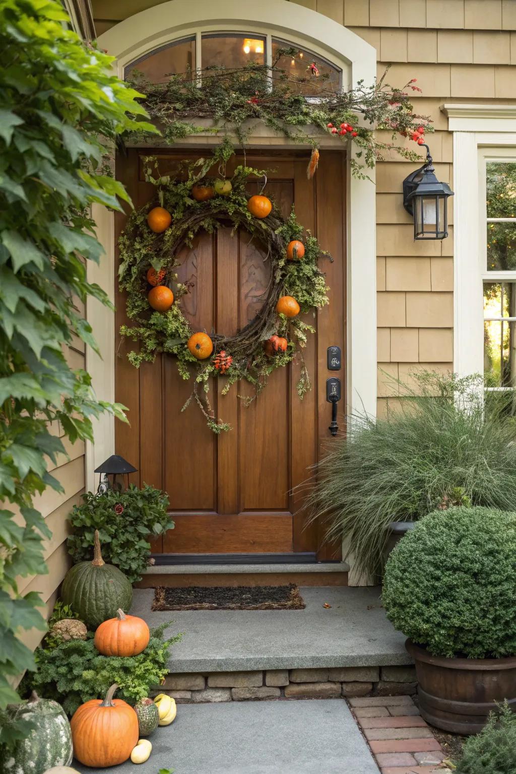 Gourds and grapevines fashion a warm, patterned wreath.