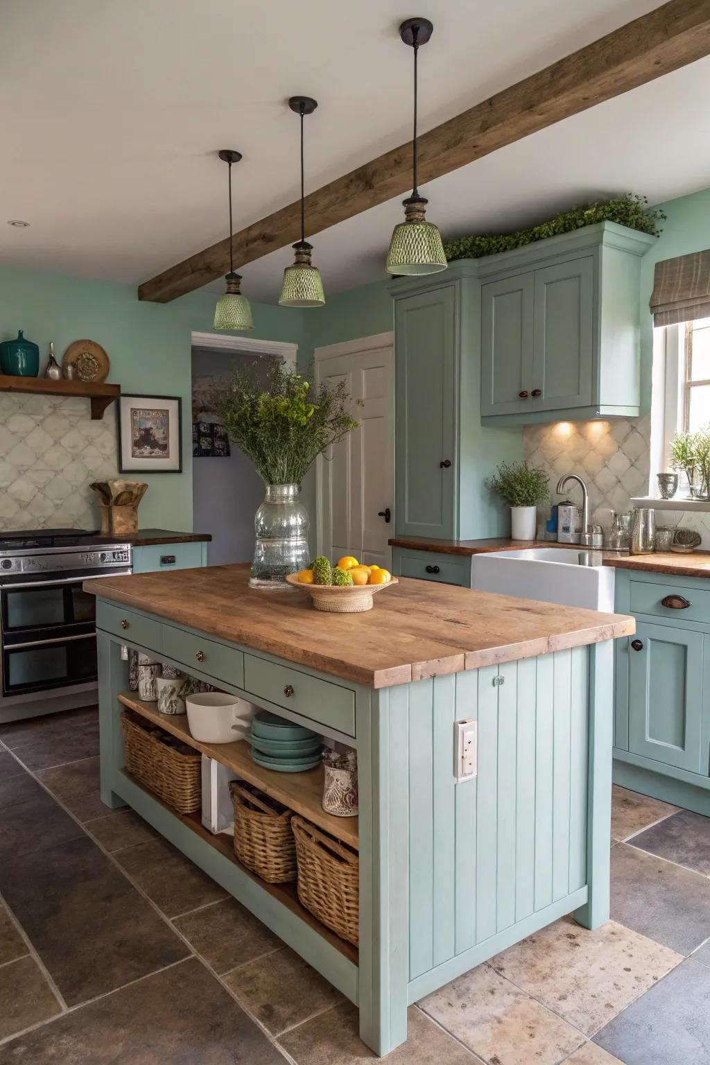 Soft accent colors add a refreshing contrast to the farmhouse kitchen palette.