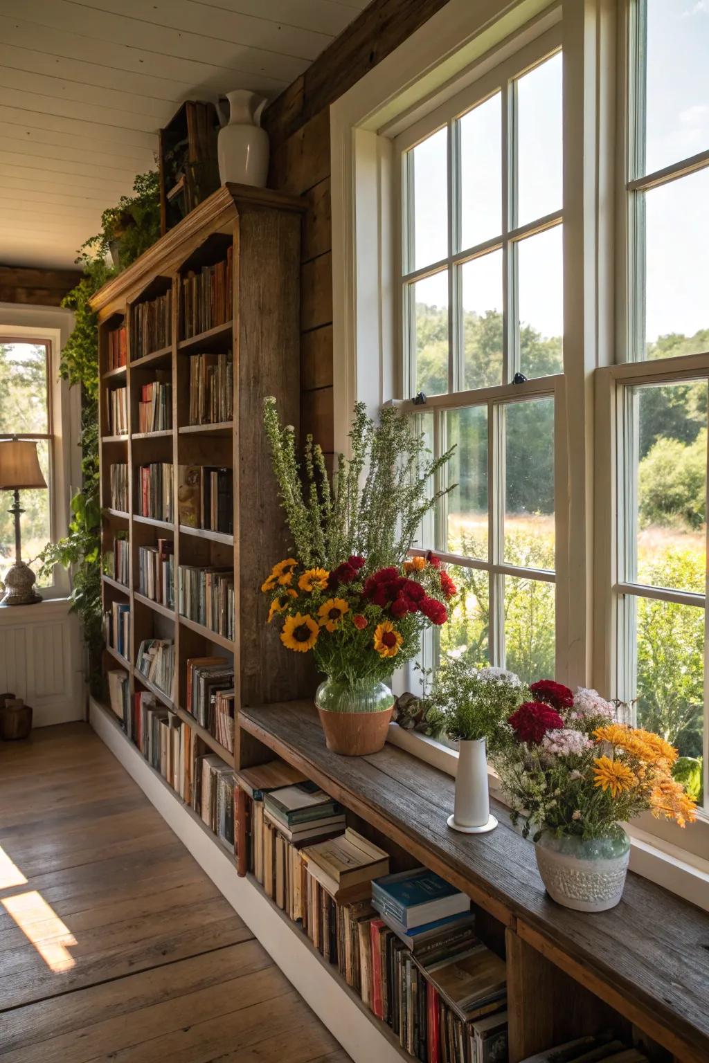 Plants and flowers enrich the library setting with life and freshness.