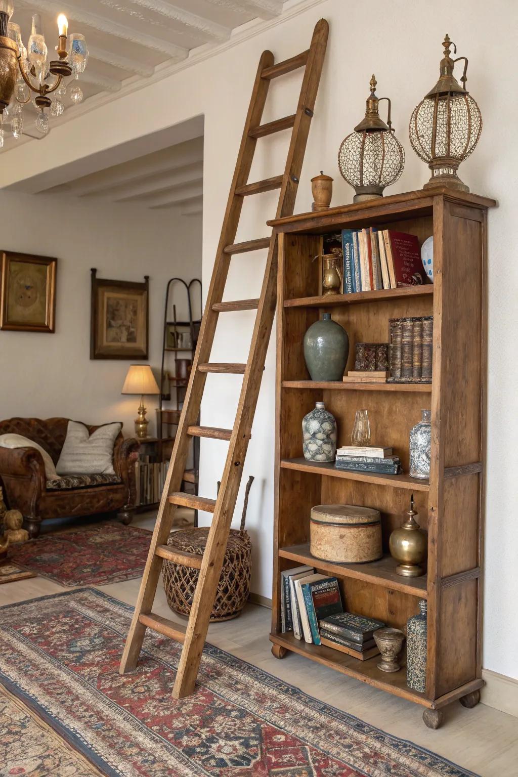 Antique collection displayed on a rustic ladder
