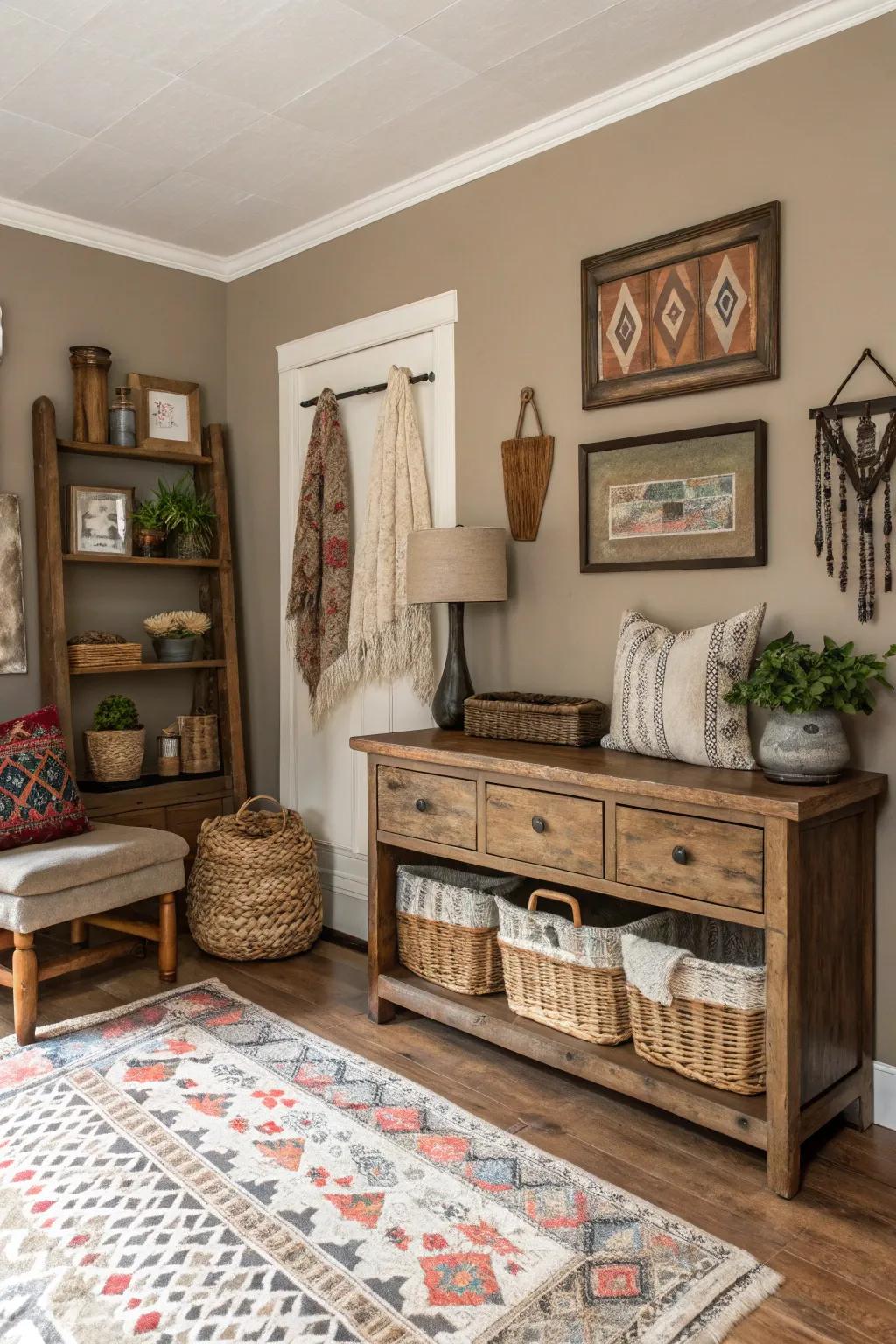Taupe walls provide a versatile base for country decor.