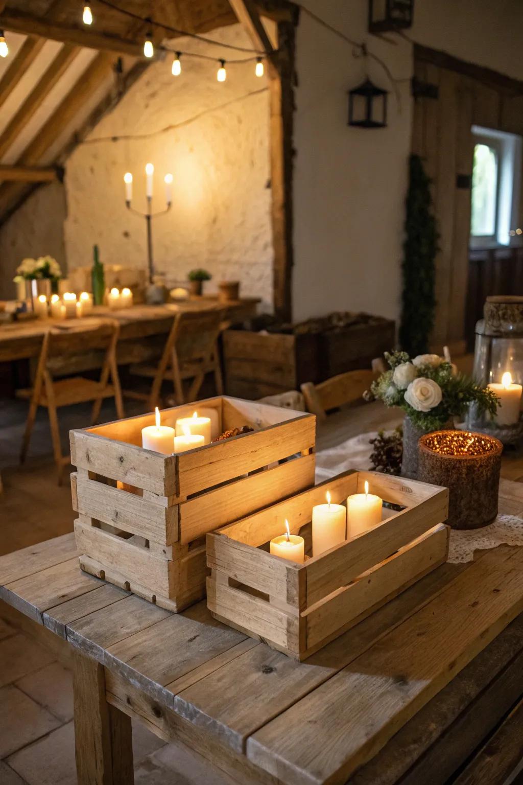 Wood cases populated with candles fashion a magical, rustic atmosphere.