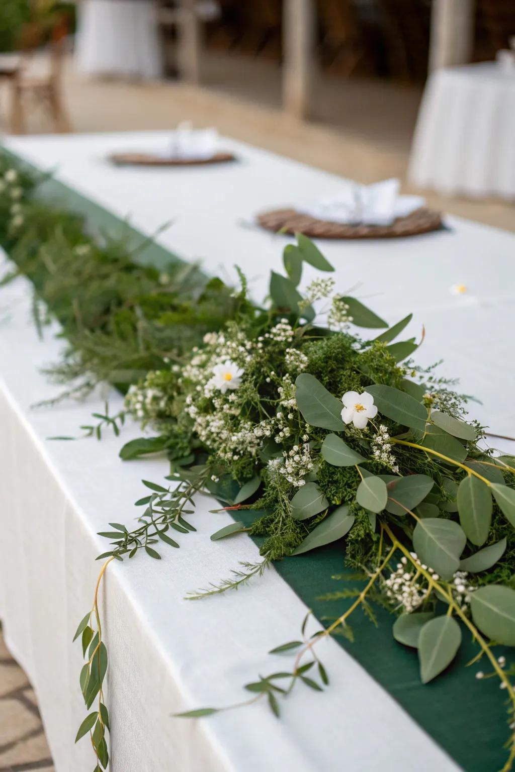 Greenery adds a refreshing touch to the table accent.