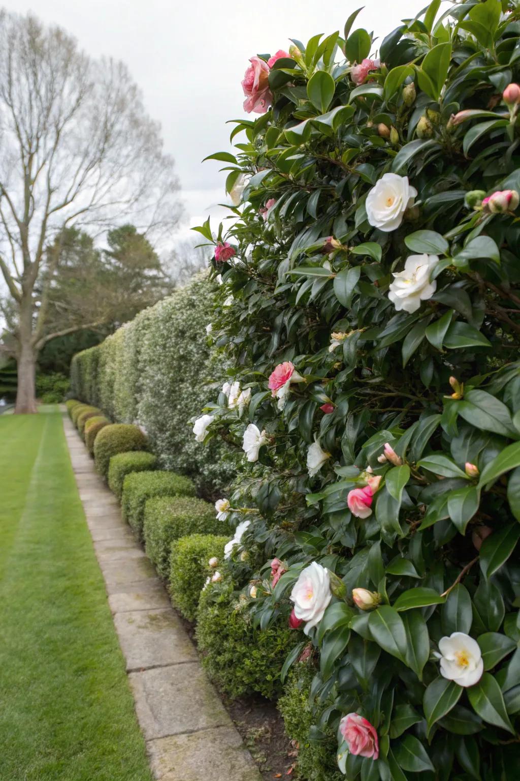 Camellia hedges infuse sophistication with their winter blossoms.