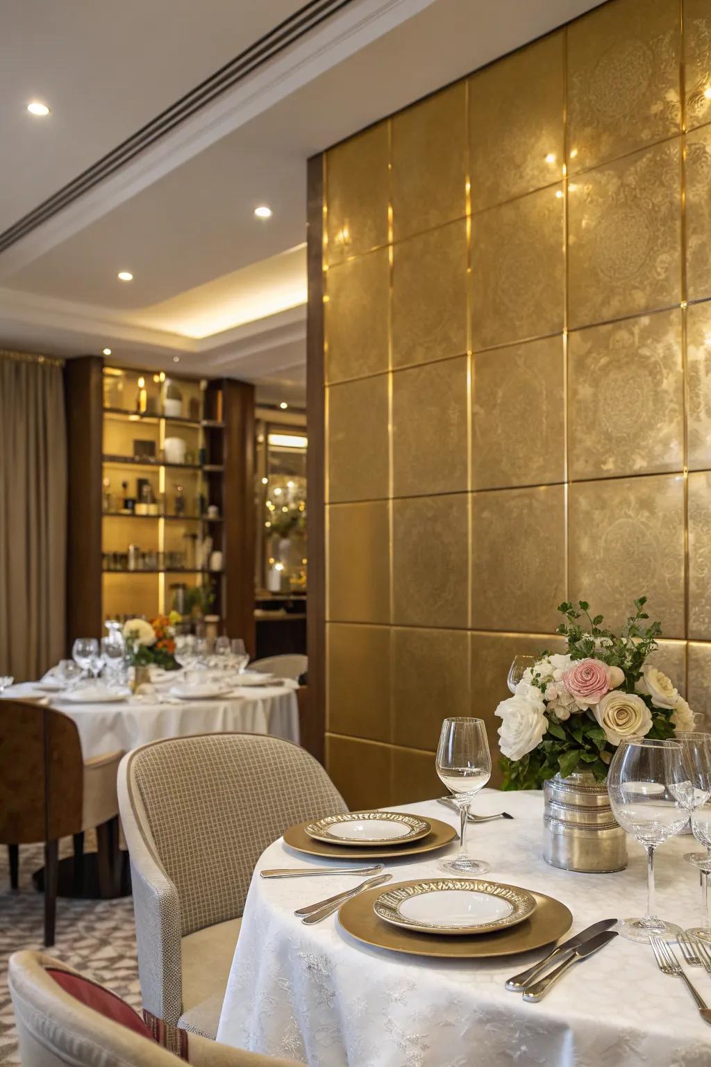 The incorporation of gold aspects enriches this space by adding a glamorous depth to the dining room.