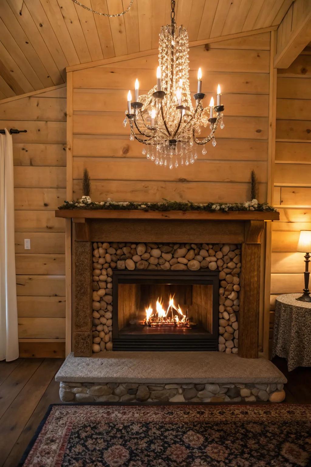 A chandelier imparts a sensation of grace to the fireplace environment.