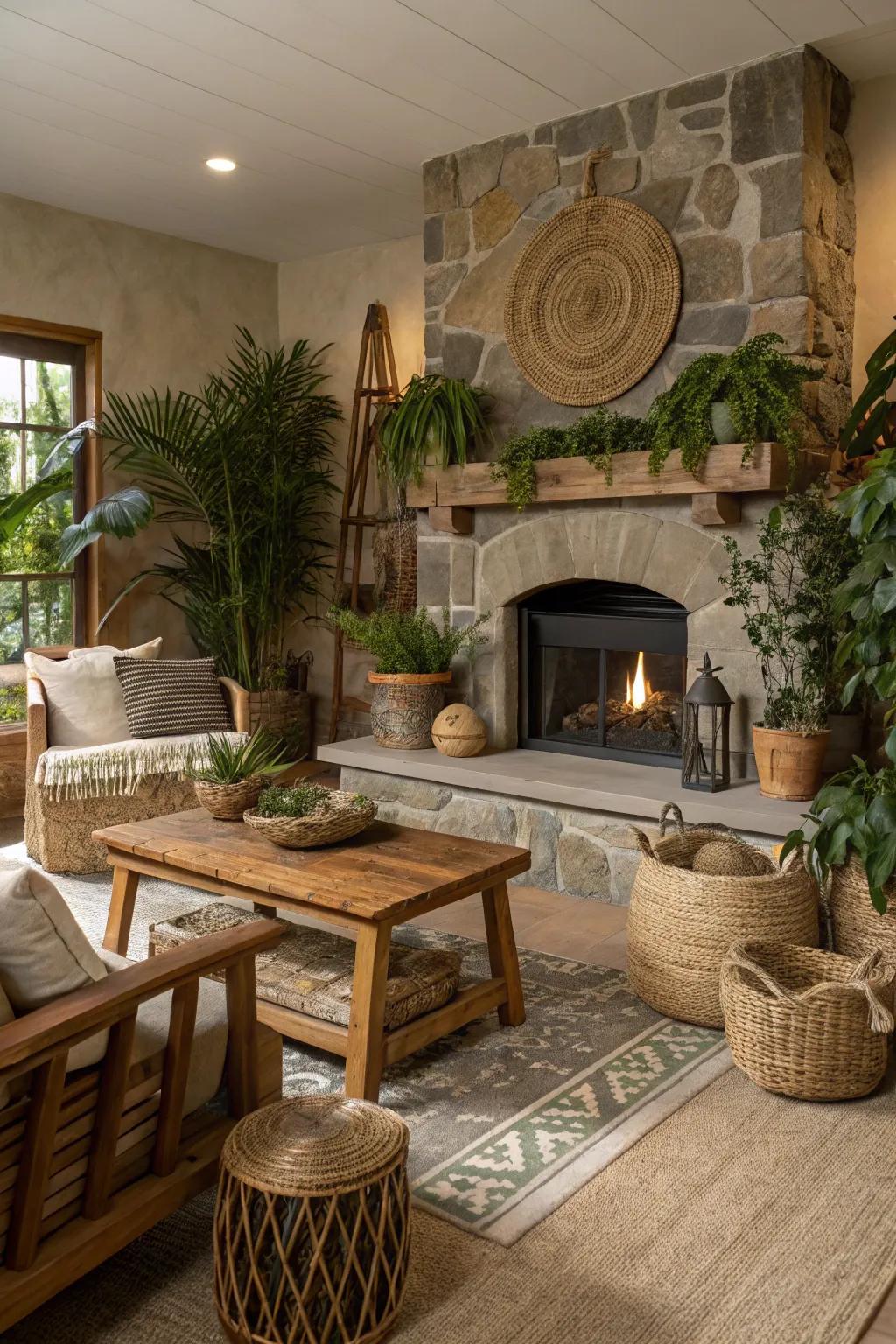 An organic living space presenting a fireplace encompassed by verdant elements for a revitalized guise.