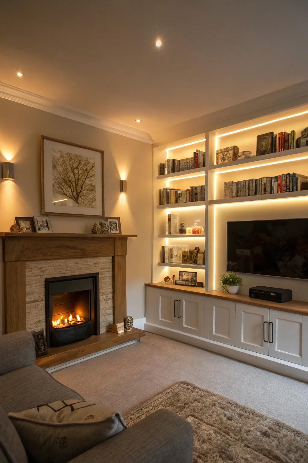 Built-in illumination introduces warmth and emphasizes decor.