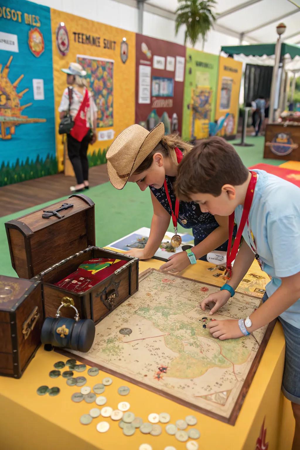 A captivating play area includes a treasure hunt for young attendees.