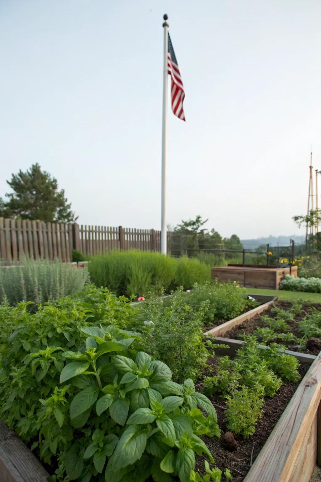 Herb gardens contribute aroma and function to flagpole landscaping.