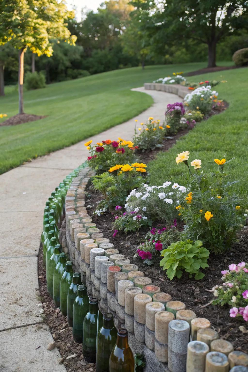 Reclaimed crystal containers form an eccentric and colorful border for flower patches.