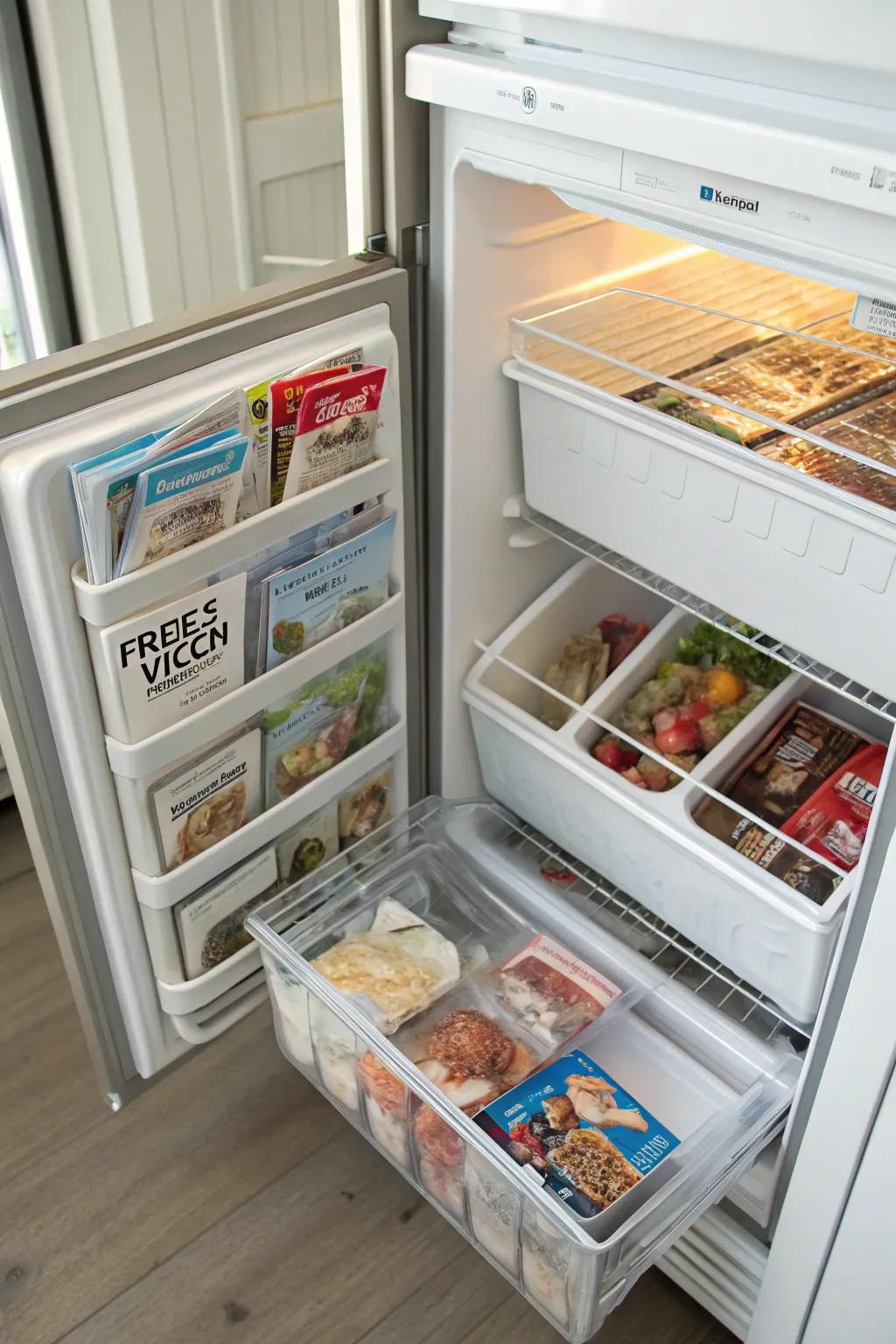 Magazine holders cleverly sort flat freezer items.