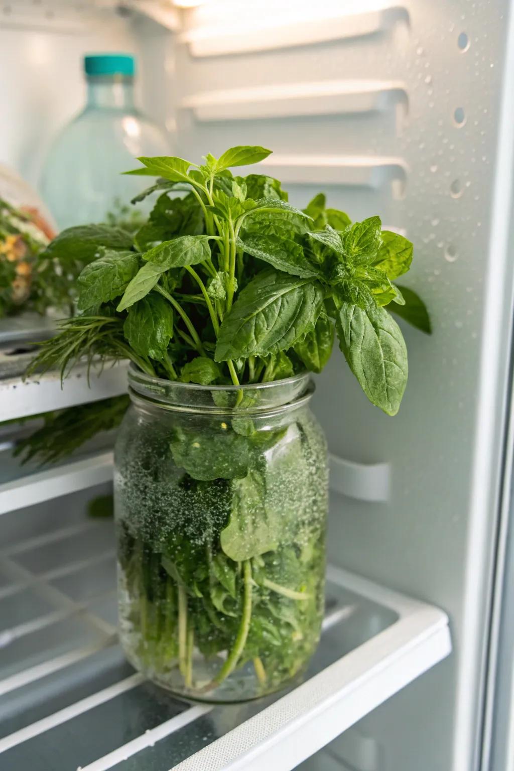 Extended freshness achieved by storing fresh herbs in a water-filled jar.