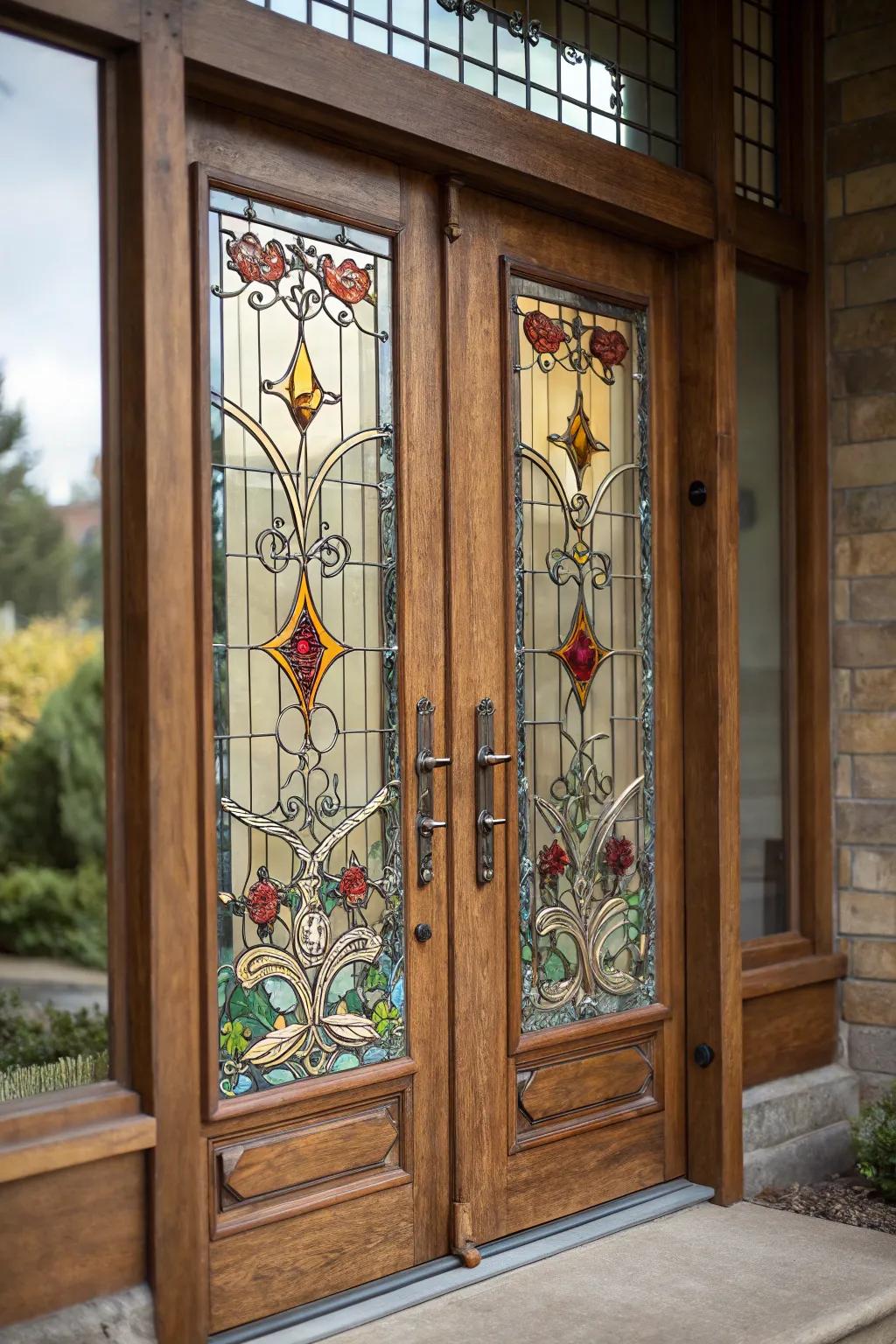 A stunning front door with dyed glass providing privacy and artistry.