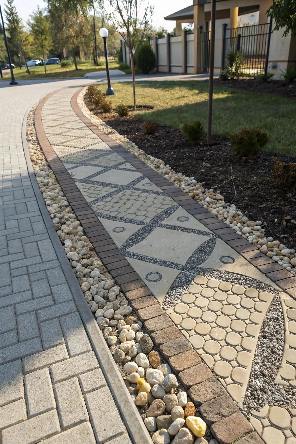 Pebble inlays generate a striking contrast in paver paths.