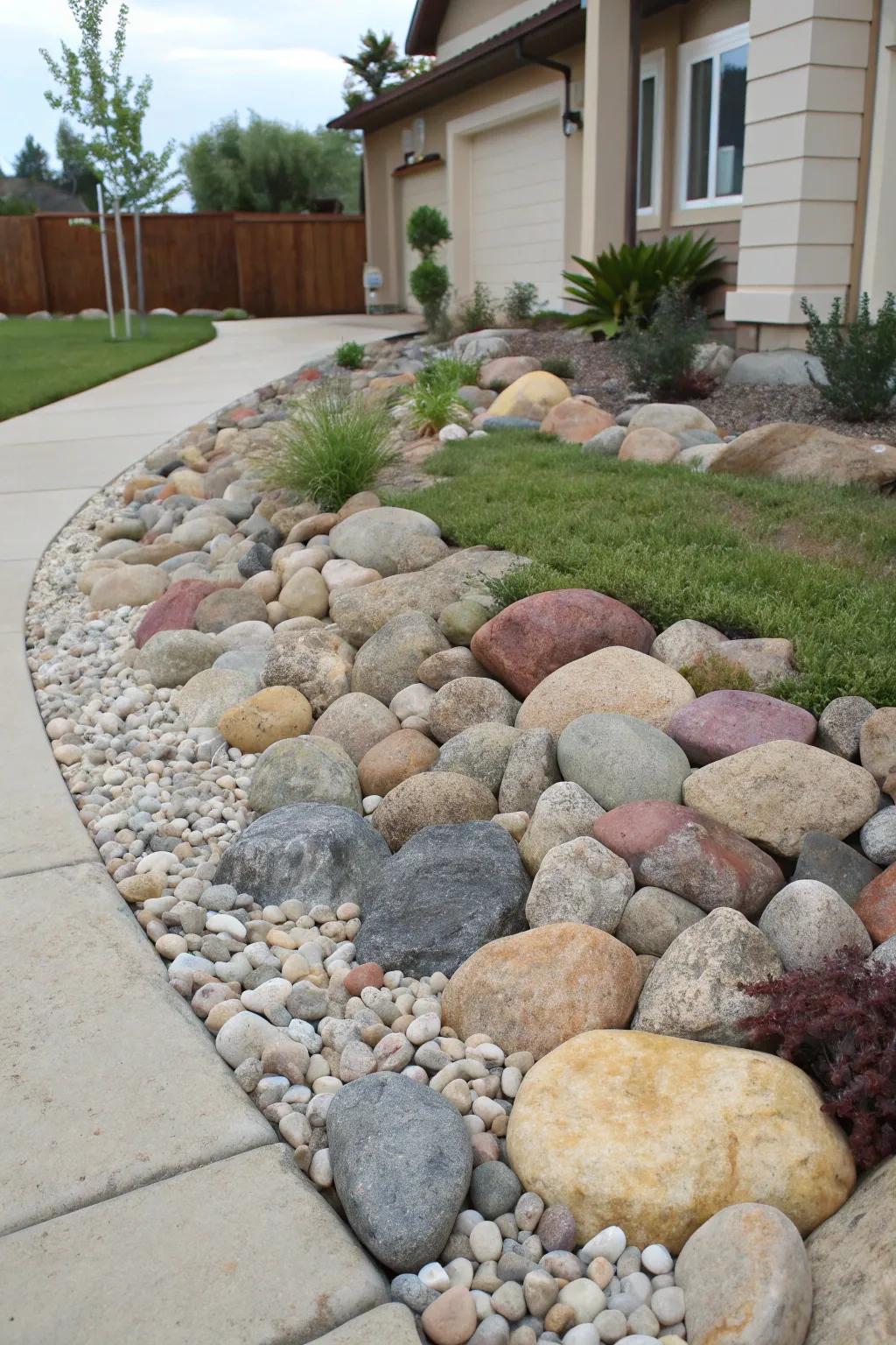 Mixing river stones adds texture and color diversity.