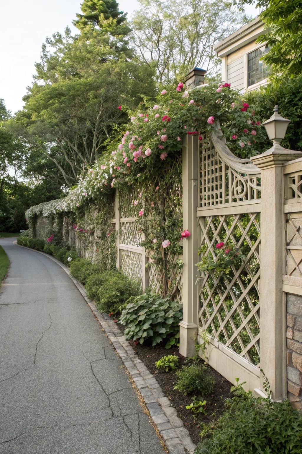 A decorative mesh boundary supports vibrant climbing plants, enhancing curb appeal.