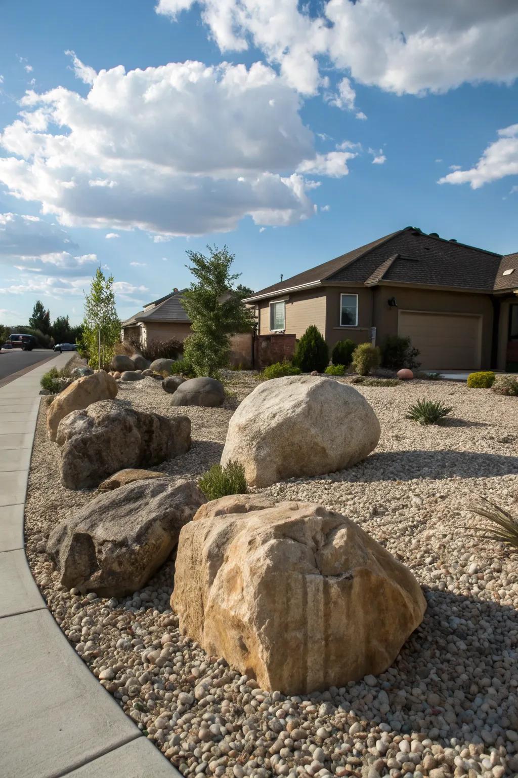 Expansive boulders among gravel fashion striking focal points.