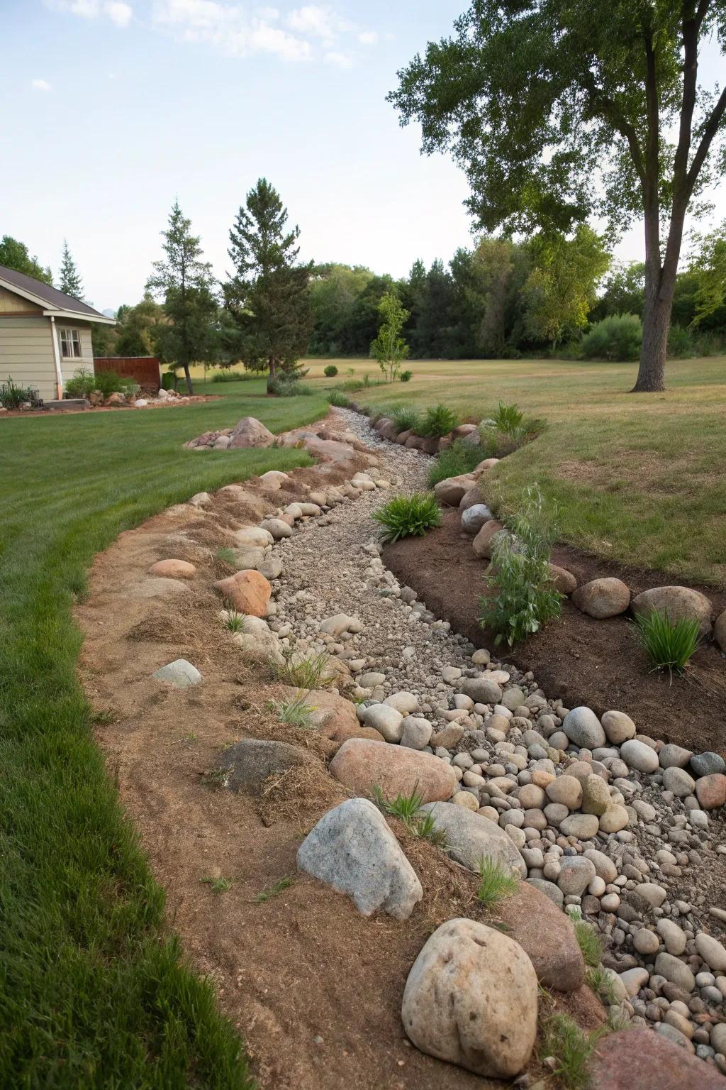 A dry river bed adds a touch of nature's elegance.