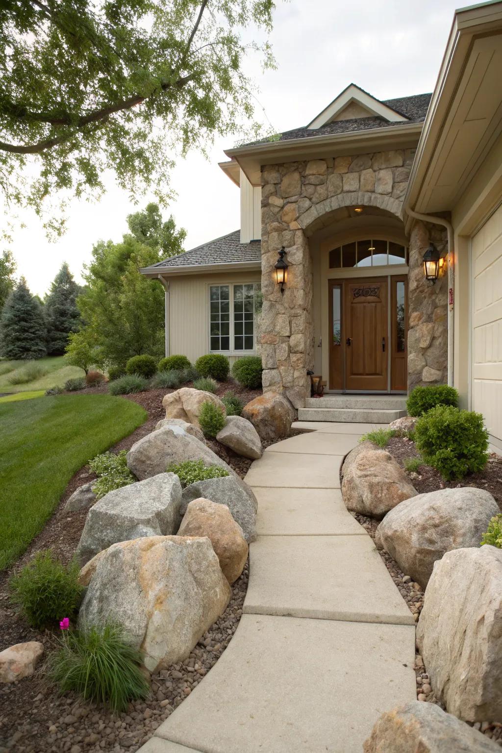 Stones elegantly frame a home's entrance, evoking a sense of welcome.