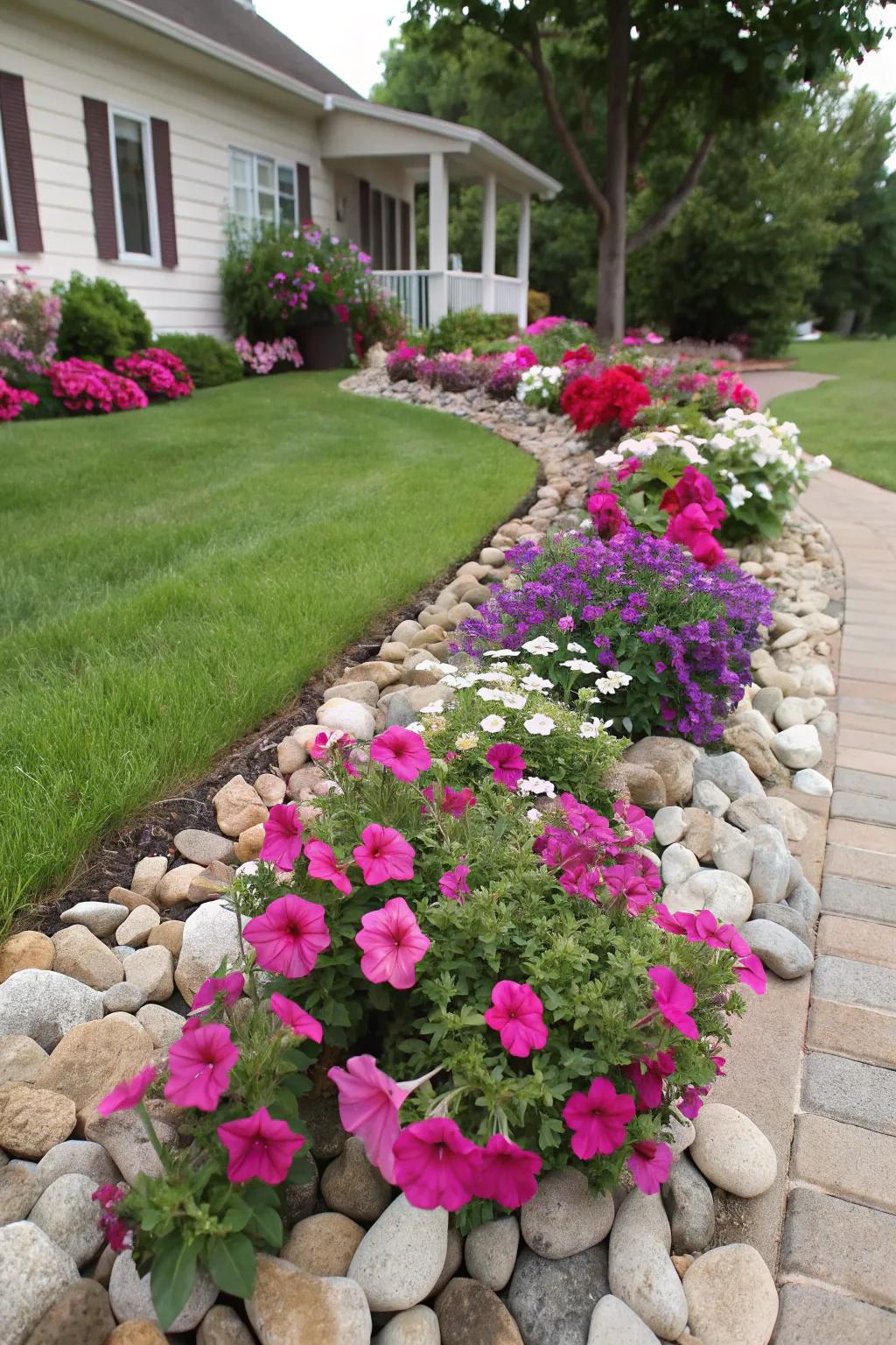 Modern garden design blending Blomsies and stones.