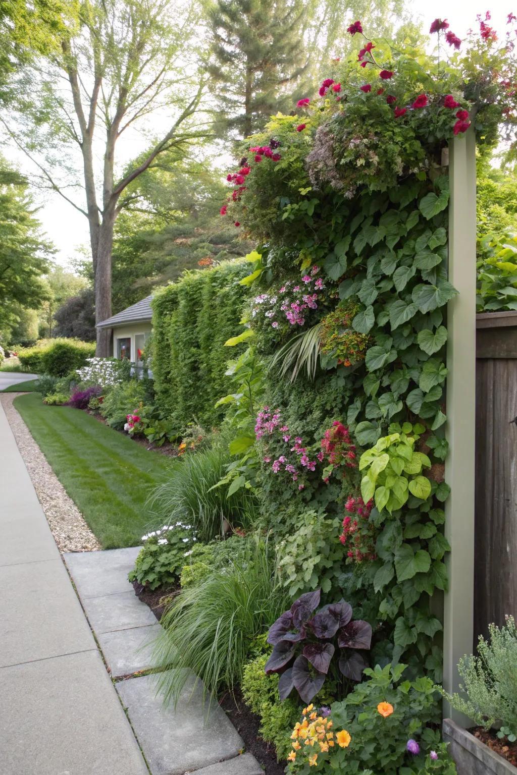 Vertical gardens maximize space while providing privacy and greenery.