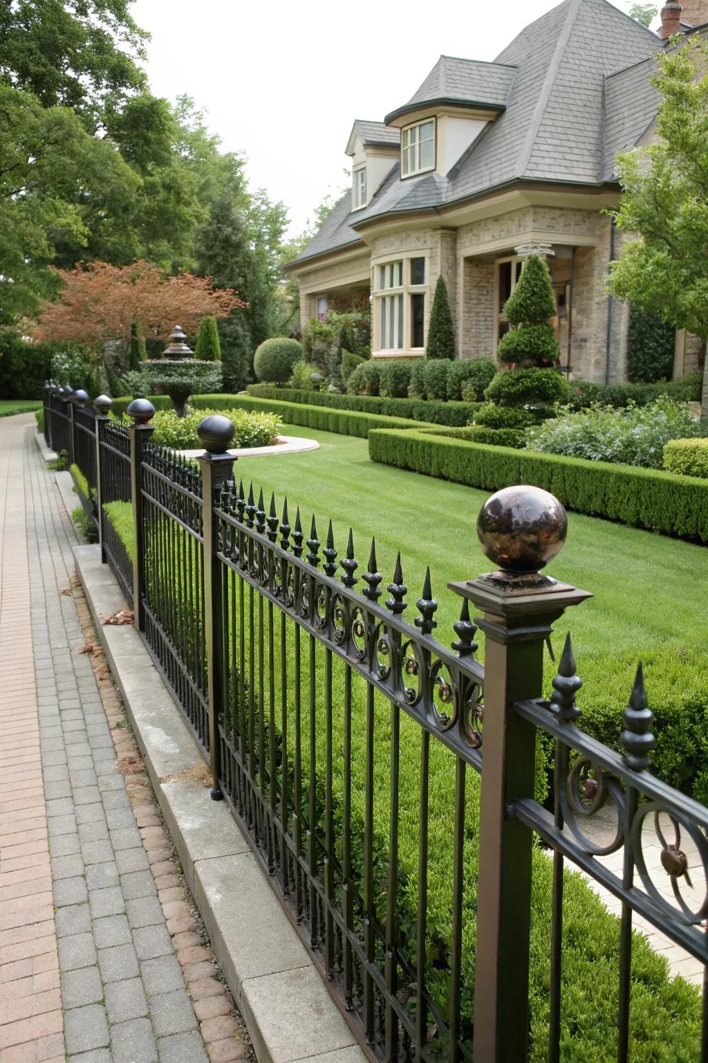 A metal artistry barrier featuring balltop accents imbuing sophistication to a front yard.