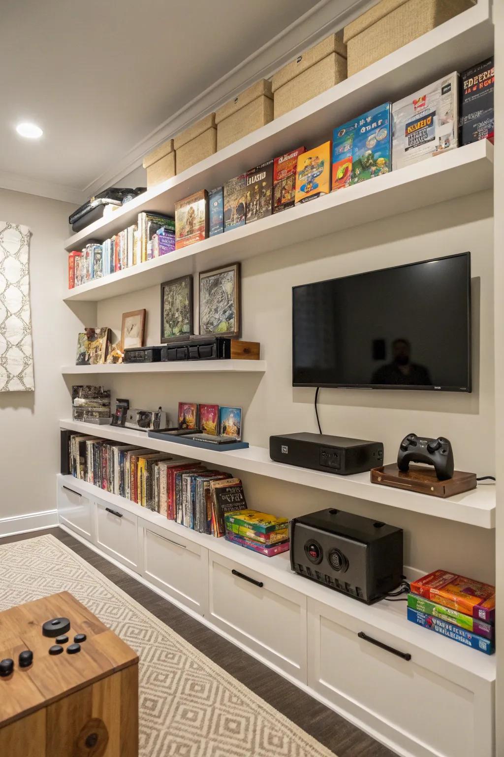 Hovering platforms maintain a structured and fashionable gaming lounge.