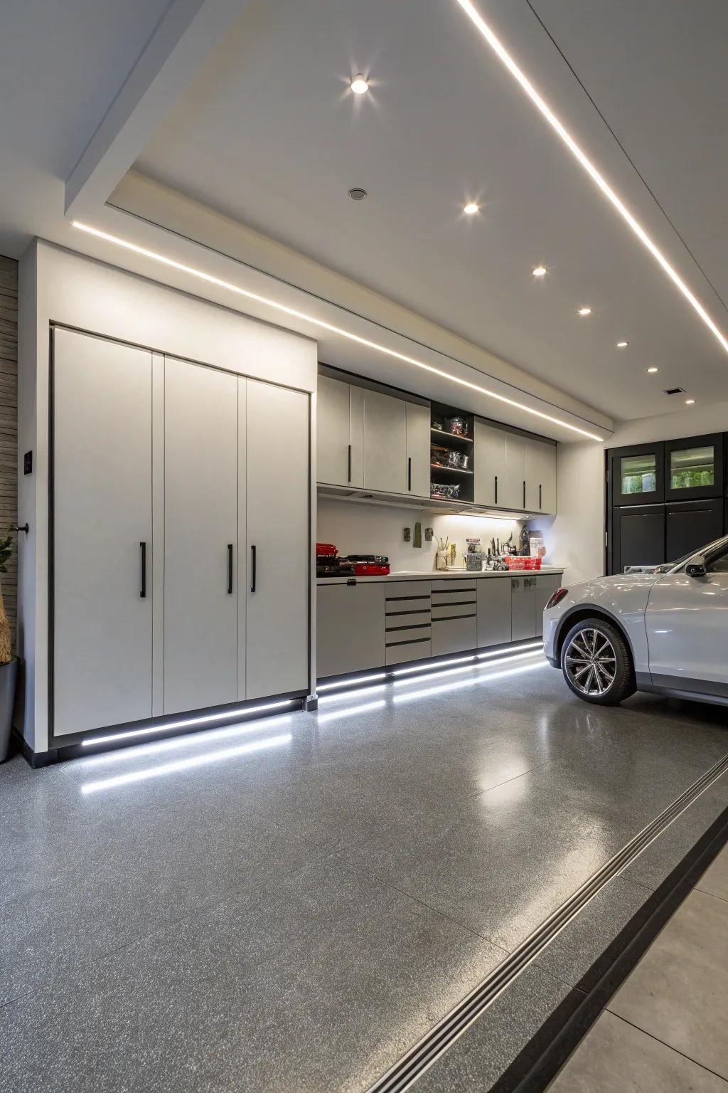 Baseboards with integrated lights provide both functionality and modern appeal.
