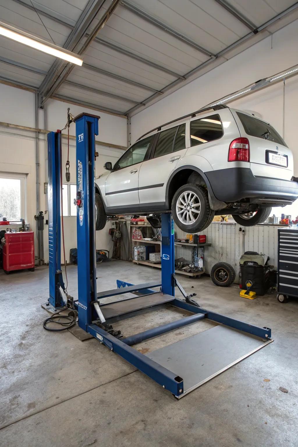 Movable auto elevators provide adaptability for various garage settings.