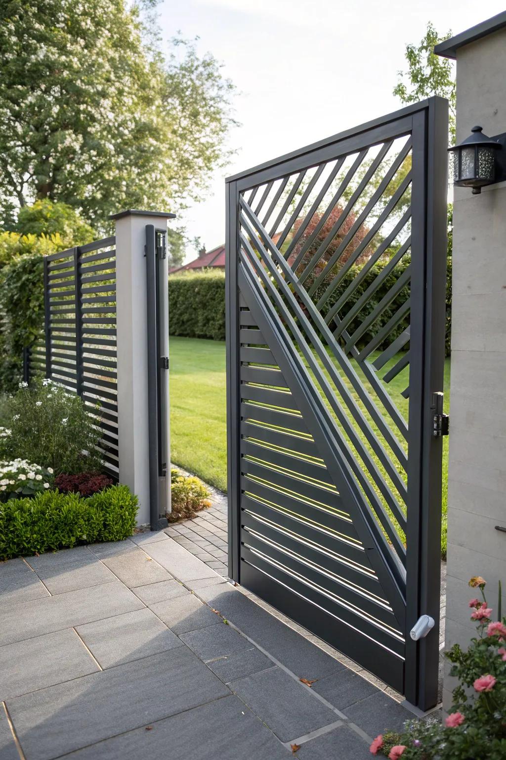 Louvered gate infuses modern flair to your garden.