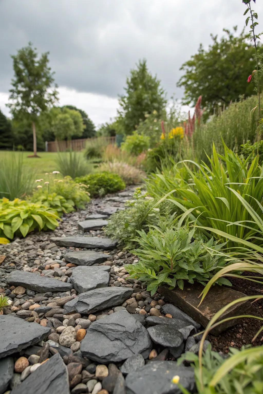 Adorn your garden with a sustainable rain garden employing stone fragments.