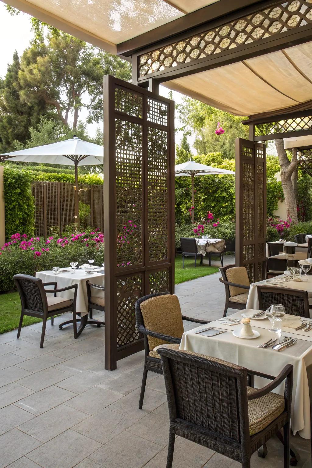 Screens help establish defined outdoor living spaces.