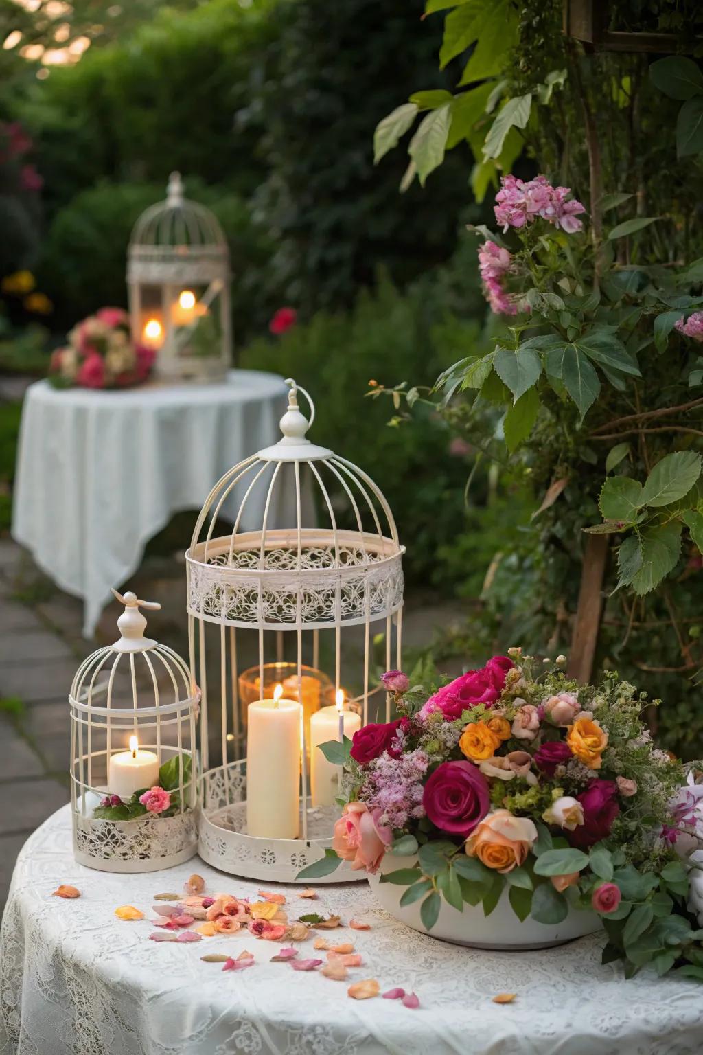 Birdcages introduce an elegant detail to the tea party decor.