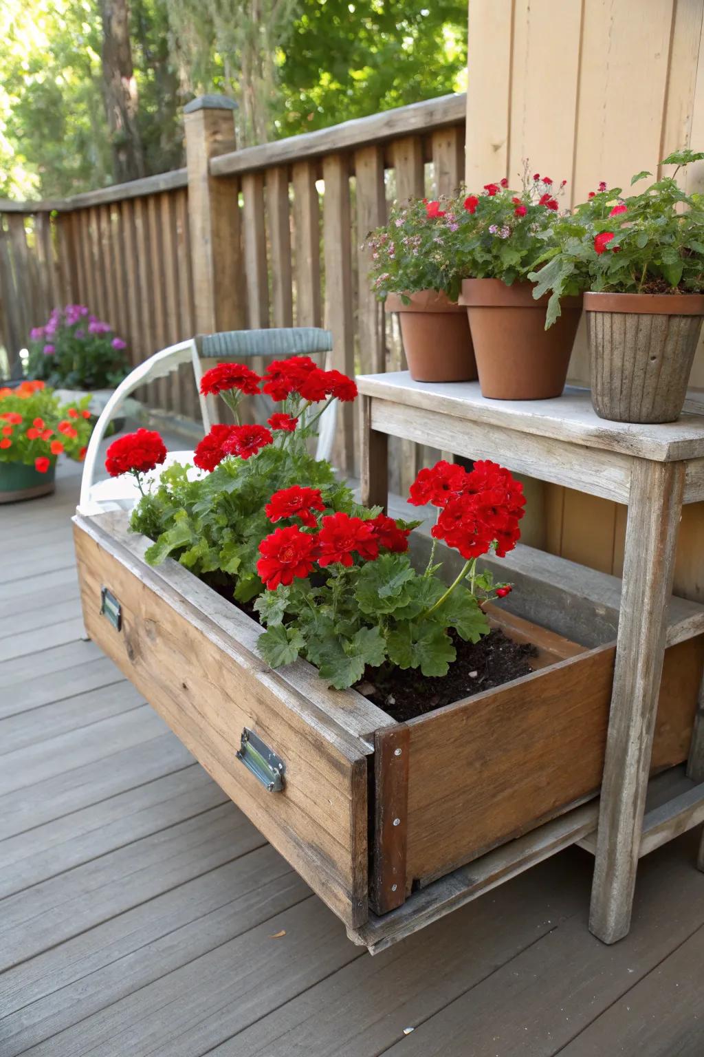 A creative repurposing of a console bed, transforming it into a charming planter for vibrant geraniums.