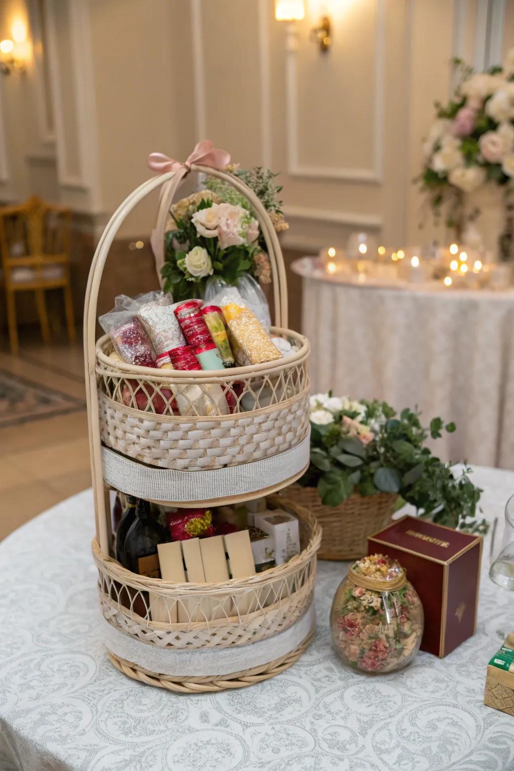 A multi-layered gift basket showcasing surprises at each level.