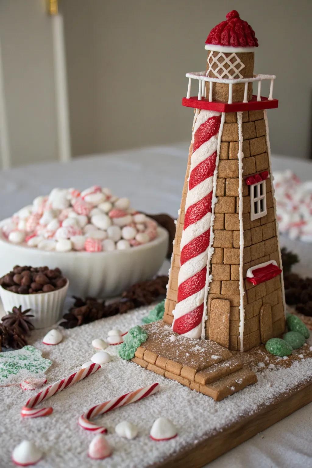A gingerbread lighthouse standing erect by the sea.