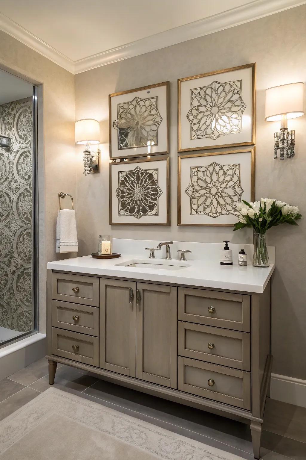 An elegant bathroom showcasing striking wall art above a modern vanity.