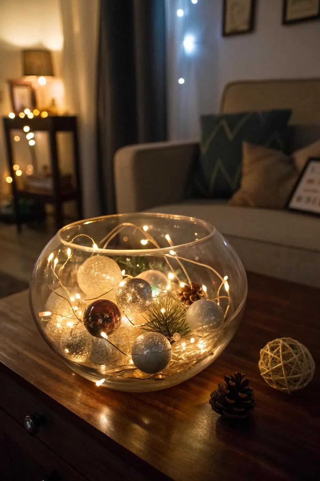Pixie illuminations impart a bewitching scintillation to a crystalline bowl.
