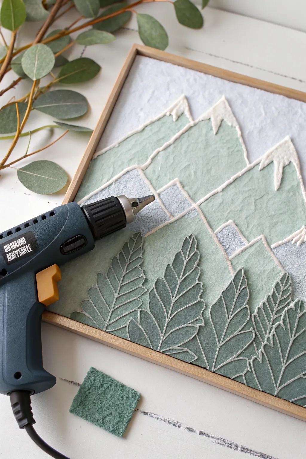 Probe the serene allure of palpable mountain scapes with adhesive artistry, melding simplicity and natural elegance.