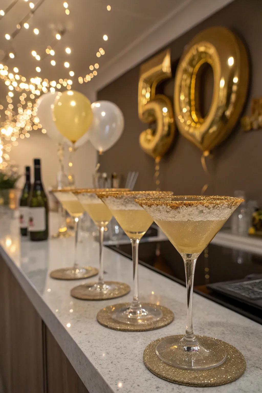 Gilded custom drinks add a celebratory sparkle.