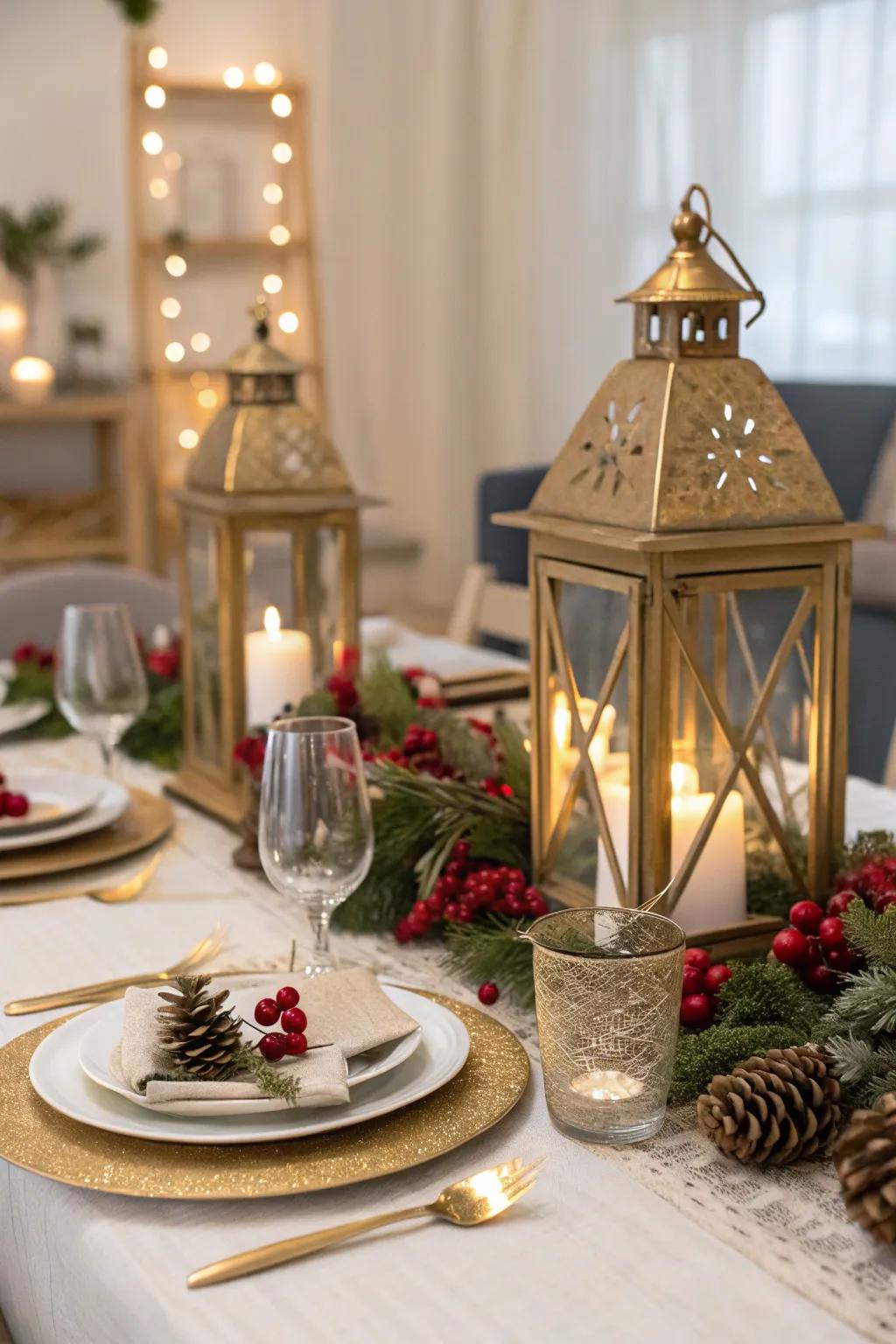 Adaptable and festive gilded lanterns showcasing seasonal accents.