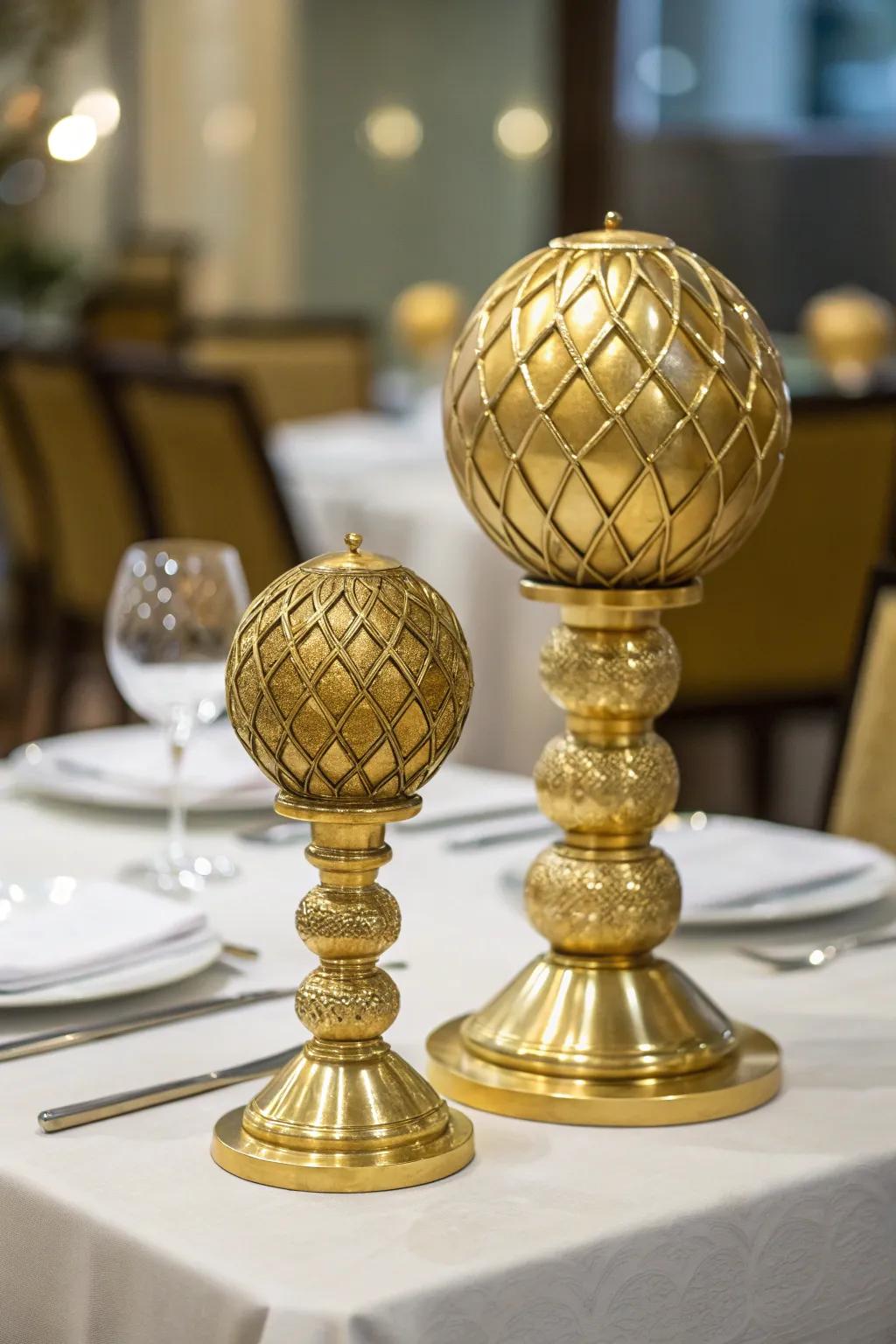 Artistic gilded spherical structures producing a bold statement.