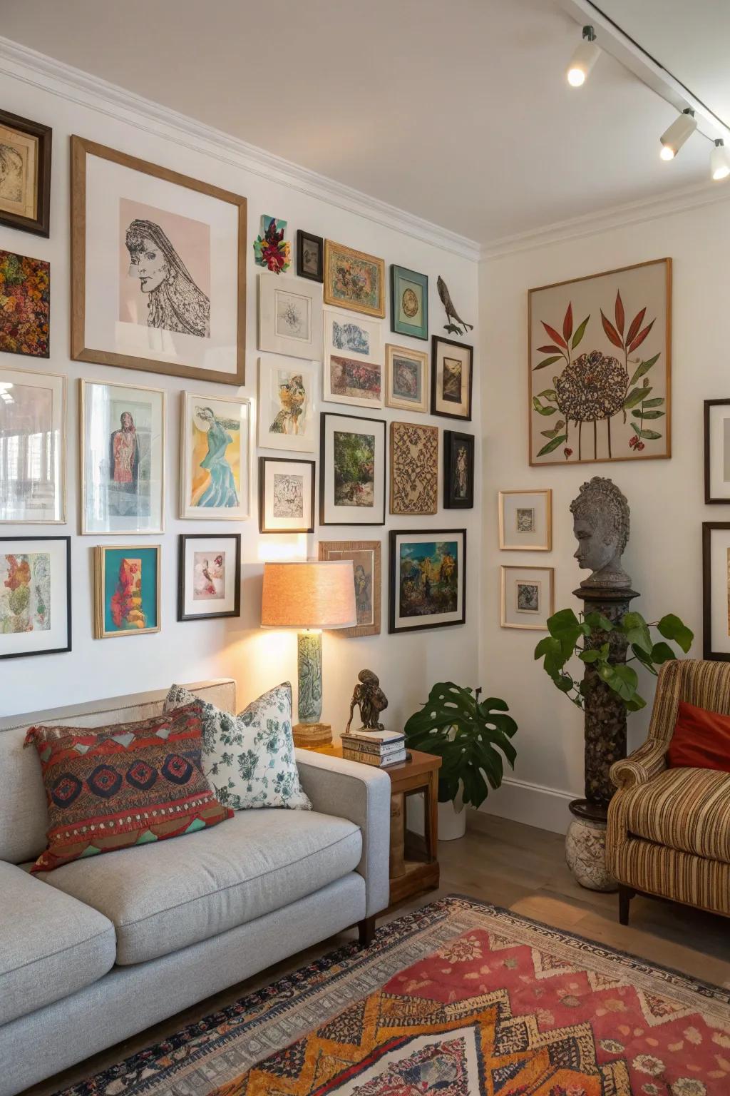 A gallery wall that is both distinctive and individual, showcasing a variety of styles.
