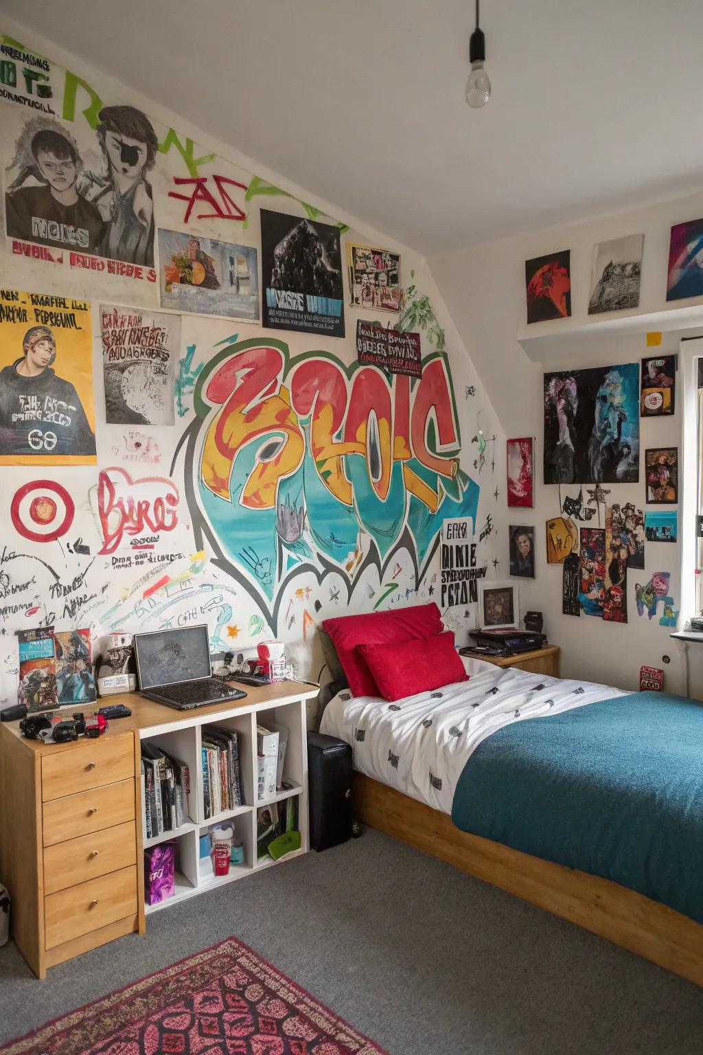 Graffiti wallpaper adding a playful touch to a bedroom