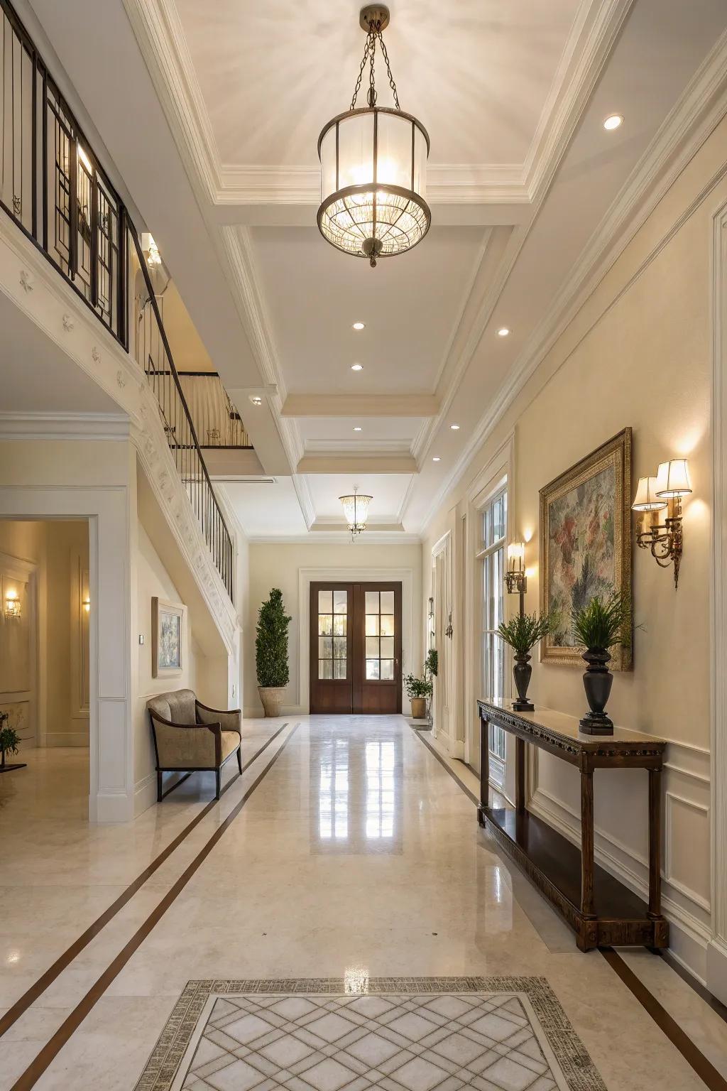 Neutral tones construct an ageless and serene atmosphere in a grand foyer.