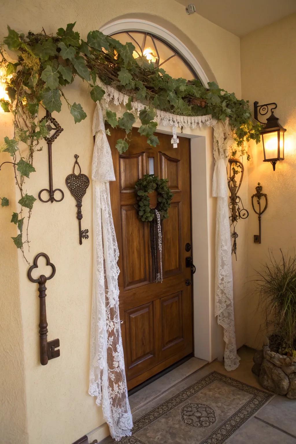A vintage-inspired entryway with a nostalgic grapevine swag.
