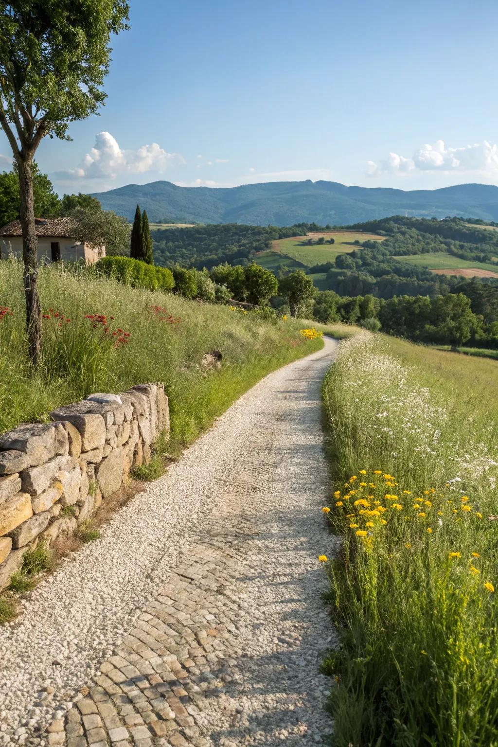 A rustic gravel route embodies the allure of the countryside.